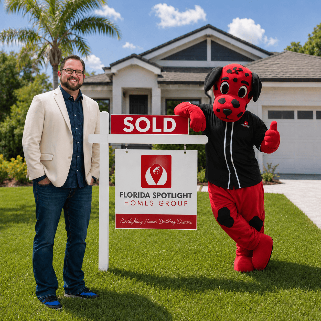 Chris Renfro in front of a sold sign with the Florida Spotlight Homes Group mascot